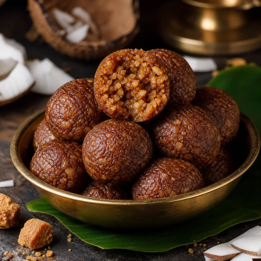 Traditional round kamarcut sweets made with jaggery and coconut