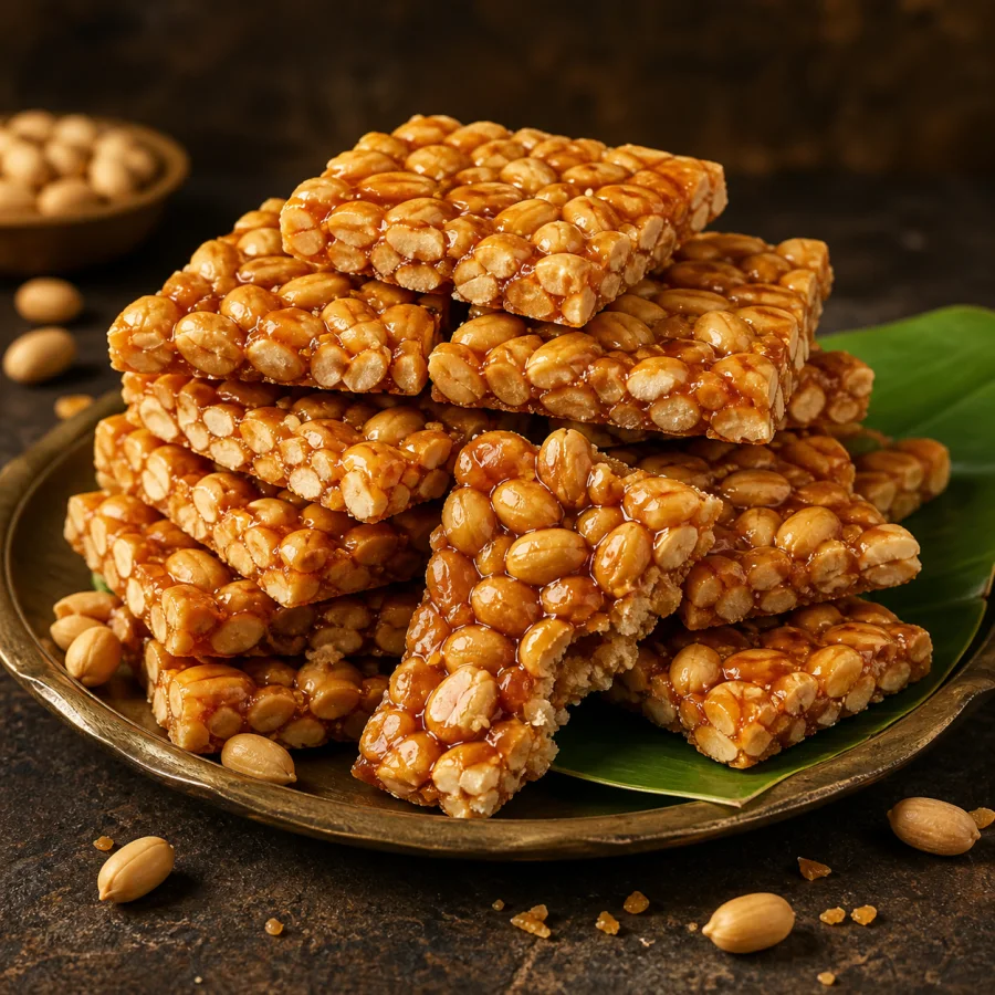 Golden peanut chikki squares stacked on a brass plate