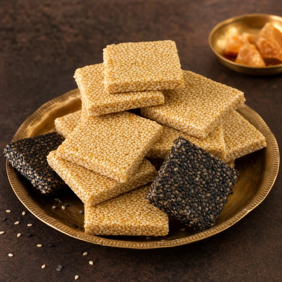 White and black sesame chikki squares on a brass plate